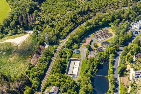 Aerial view, sewage treatment plant Meinerzhagen, Volmestraße, Meinerzhagen, Märkischer Kreis,
