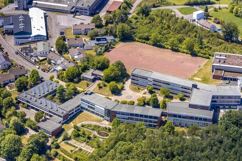 Aerial photo, Evangelisches Gymnasium, sports field, Meinerzhagen, Märkischer Kreis, Sauerland,