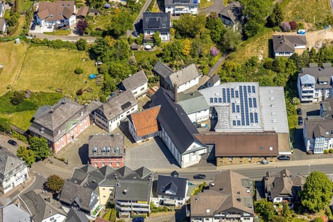 Aerial view, company building Krugmann Markenspirituosen GmbH, Meinerzhagen, Märkischer Kreis,