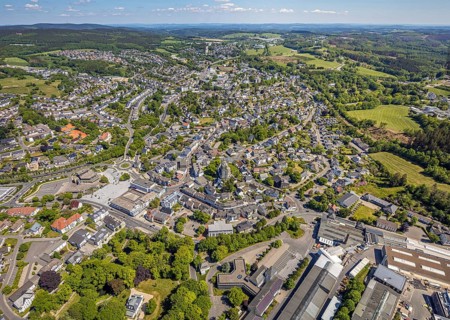 Aerial view, town view, town hall, construction site renovation Jesus-Christus-Kirche,