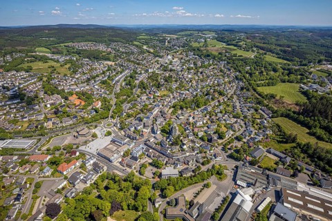 Aerial view, town view, town hall, construction site renovation Jesus-Christus-Kirche,