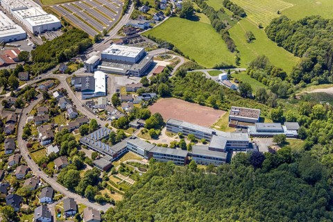 Aerial photo, Evangelisches Gymnasium, sports field, Meinerzhagen, Märkischer Kreis, Sauerland,