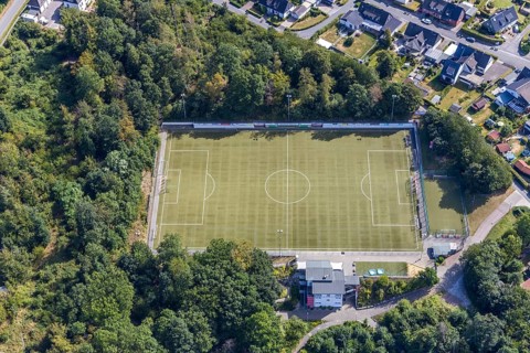 Aerial view, sports field, Huckenohl stadium, Menden, Sauerland, Märkischer Kreis, North