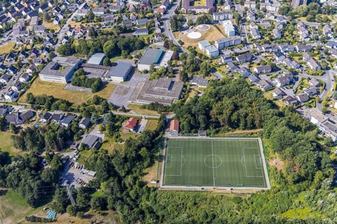 Aerial view, former school centre Bieberberg, sports hall Am Habicht, old secondary school