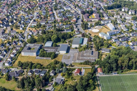 Aerial view, former school centre Bieberberg, sports hall Am Habicht, old secondary school