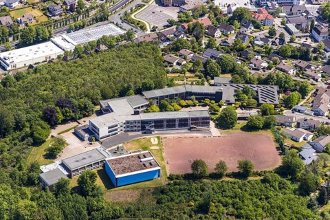 Aerial photo, Evangelisches Gymnasium, sports field, Meinerzhagen, Märkischer Kreis, Sauerland,
