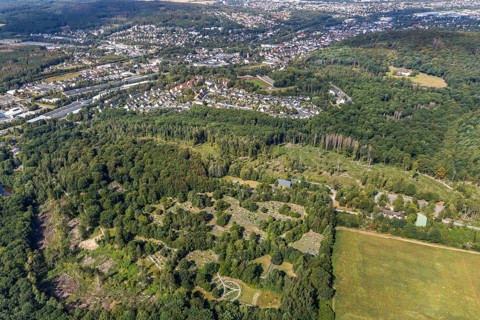 Aerial view, forest cemetery Am Limberg, view of Rauherfeld and Menden, Menden, Sauerland,