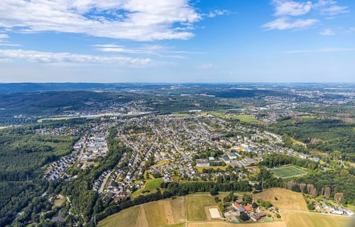 Aerial view, view of Lendringsen, Bieberhof boarding stable, Menden, Sauerland, Märkischer Kreis,