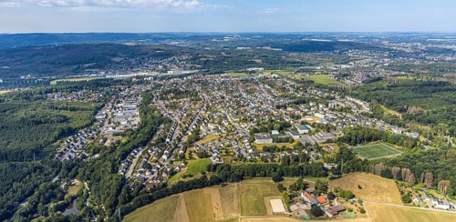 Aerial view, view of Lendringsen, Bieberhof boarding stable, Menden, Sauerland, Märkischer Kreis,