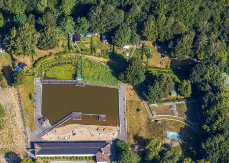 Aerial view, former natural swimming pool Biebertal, Menden, Sauerland, Märkischer Kreis, North