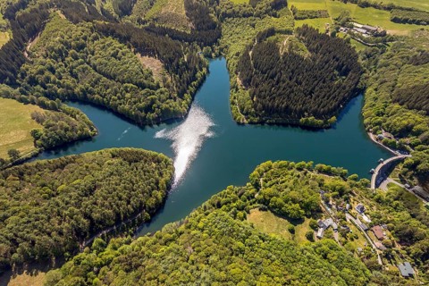 Aerial view, Fürwiggetalsperre, Meinerzhagen, Märkischer Kreis, Sauerland, North Rhine-Westphalia,