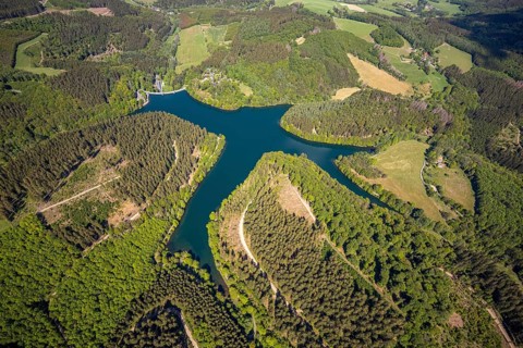 Aerial view, Fürwiggetalsperre, Meinerzhagen, Märkischer Kreis, Sauerland, North Rhine-Westphalia,