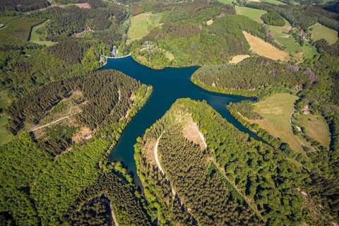 Aerial view, Fürwiggetalsperre, Meinerzhagen, Märkischer Kreis, Sauerland, North Rhine-Westphalia,