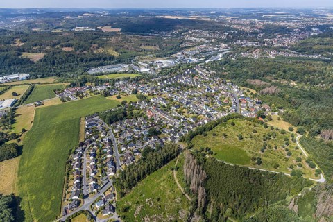 Aerial view, local view, residential area Menderner Straße, commercial area Dieselweg, Menden,