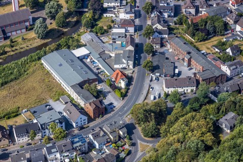 Aerial view, commercial area Balver Straße, Menden, Sauerland, Märkischer Kreis, North