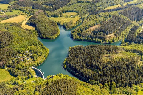Aerial view, Fürwiggetalsperre, Meinerzhagen, Märkischer Kreis, Sauerland, North Rhine-Westphalia,