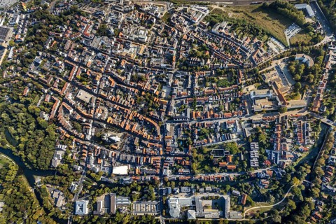 Aerial view, Old Town overview, Evangelical Great St Mary's Church, Rathausstraße, Jakobikirche,