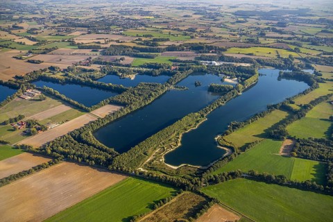 Aerial view, Alberssee, Rebbeke, Lippstadt, Kreis Soest, North Rhine-Westphalia, Germany, bathing