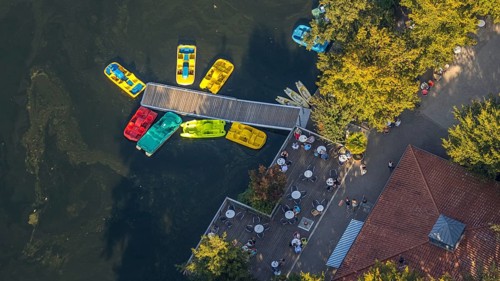 Aerial view, Alberssee, boat landing stage, pedal boats, Rebbeke, Lippstadt, Soest district, North