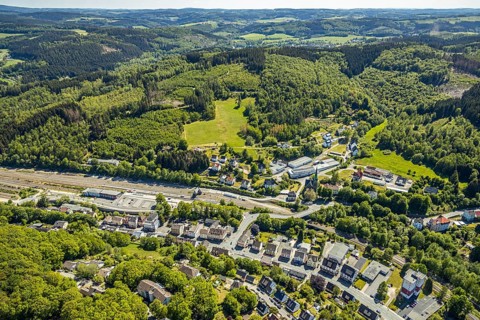 Aerial view, Brügge district, Lüdenscheid-Brügge railway station, Lüdenscheid fire brigade, Brügge