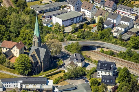 Aerial view, Church of the Holy Cross Brügge, Lüdenscheid, Märkischer Kreis, Sauerland, North
