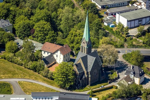 Aerial view, Church of the Holy Cross Brügge, Lüdenscheid, Märkischer Kreis, Sauerland, North
