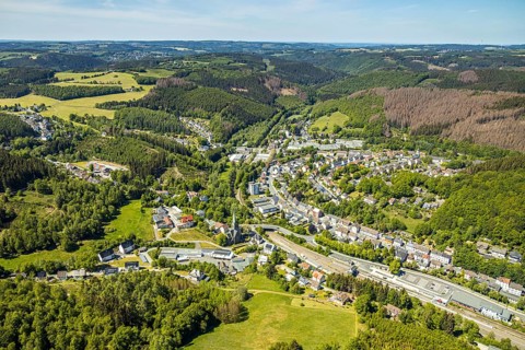 Aerial view, Brügge district, Lüdenscheid-Brügge railway station, Lüdenscheid fire brigade, Brügge