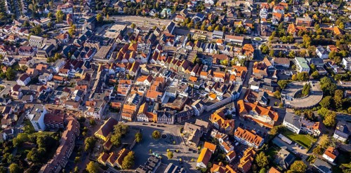 Aerial view, city centre, old town hall, Am Markt, fire defence tower, beer fountain, Lübbecke,