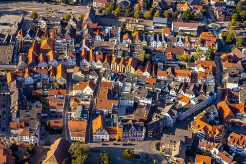 Aerial view, city centre, old town hall, Am Markt, fire defence tower, beer fountain, Lübbecke,