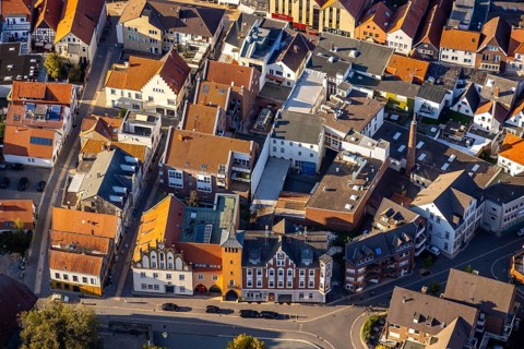 Aerial view, city centre, old town hall, Am Markt, fire station defence tower, Lübbecke, East
