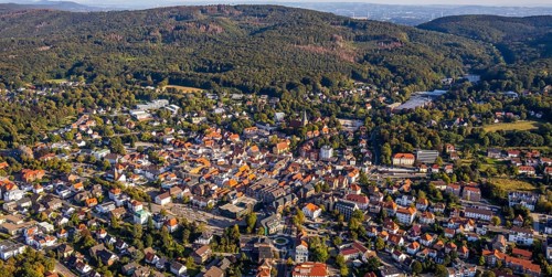 Aerial view, Wiehengebirge, local view, evang.luth. St. Andreas-Kirche, Lübbecke,