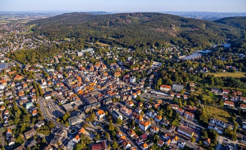 Aerial view, Wiehengebirge, local view, evang.luth. St. Andreas-Kirche, Lübbecke,