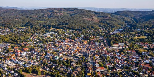 Aerial view, Wiehengebirge, local view, evang.luth. St. Andreas-Kirche, Lübbecke,