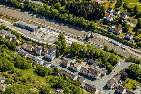 Aerial view, Brügge district, Lüdenscheid-Brügge railway station, Lüdenscheid fire brigade, Brügge