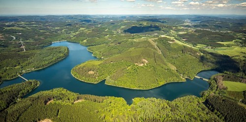 Aerial view, Verse dam, Klamer bridge, dam wall, forest area, Lüdenscheid, Märkischer Kreis,