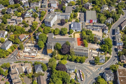 Aerial view, construction site of the new music school Lüdenscheid, Zeppelin-Gymnasium,