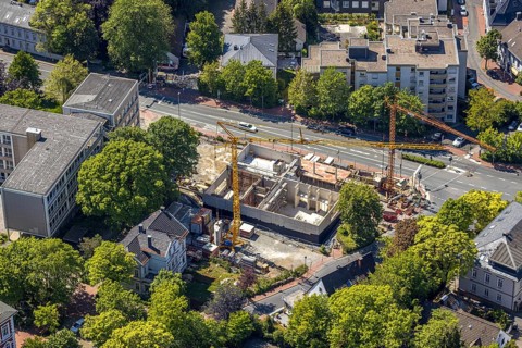 Aerial view, construction site of the new music school Lüdenscheid, Lüdenscheid, Märkischer Kreis,