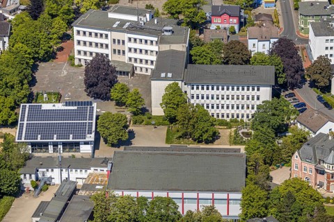 Aerial view, Zeppelin-Gymnasium, school hall with solar system, Lüdenscheid, Märkischer Kreis,