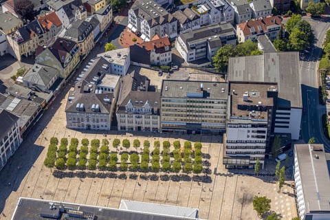 Aerial view, Rathausplatz, Sparkasse Lüdenscheid, Stadtwerke Lüdenscheid Energietreff Rathausplatz,
