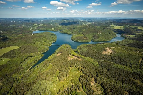 Aerial view, Verse dam, Klamer bridge, dam wall, forest area, Lüdenscheid, Märkischer Kreis,