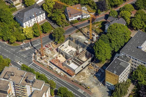 Aerial view, construction site of the new music school Lüdenscheid, Lüdenscheid, Märkischer Kreis,