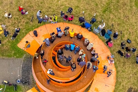 Aerial photo, thousands of spectators watched with great interest as the Gersteinwerk chimney was