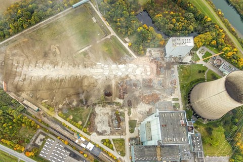 Aerial photo, thousands of spectators watched with great interest as the Gersteinwerk chimney was