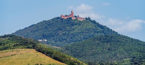 Distant view of the Haut-Koenigsbourg in the Vosges mountains in the Alsace region of France