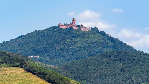 Distant view of the Haut-Koenigsbourg in the Vosges mountains in the Alsace region of France
