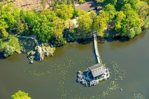 Aerial view, Haus im See, Restaurant Schweizer Häuschen, Biotopwildpark Anholter Schweiz,