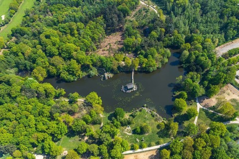 Aerial view, Haus im See, Restaurant Schweizer Häuschen, Biotopwildpark Anholter Schweiz,