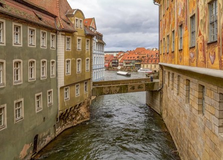Idyllic riverside scenery in Bamberg, a town in Upper Franconia, Germany