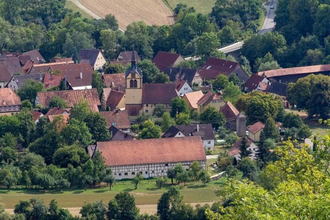 Aerial view showing a village named Baechlingen near Langenburg in Hohenlohe, a area in Southern
