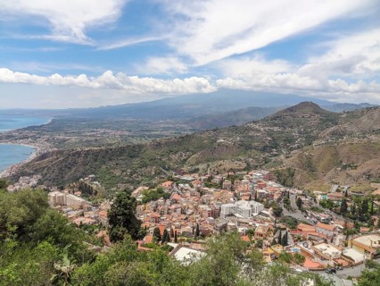 Distant aerial view of Taormina, a comune in Sicily, Italy